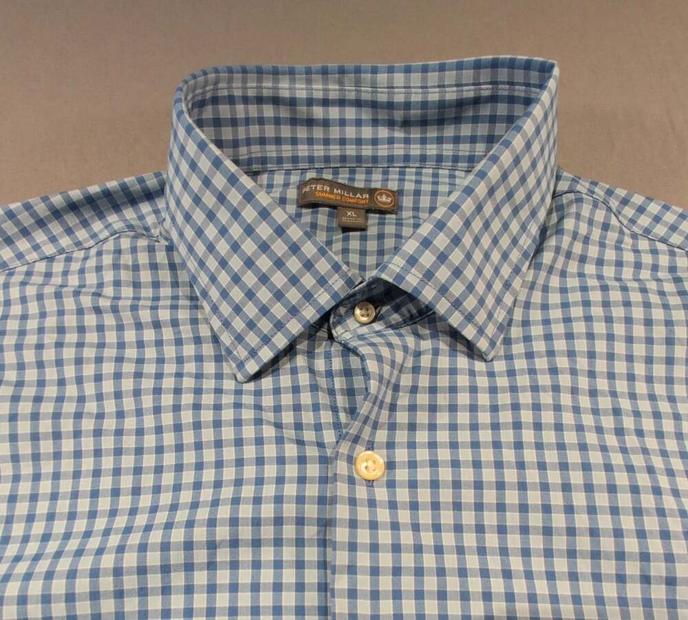Peter Millar Summer Comfort Sport Shirt XL Blue Gingham Long Sleeve